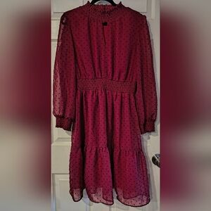 Sandra Darren Burgundy Sz L Polka Dot Long-Sleeve Fit-and-Flare Dress